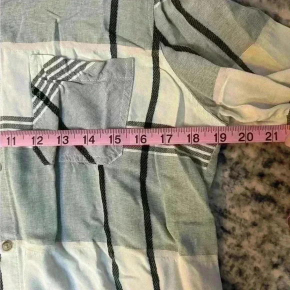 Lightweight, button-down, black, and white and gray plaid with the lines of pink - Picture 6 of 7